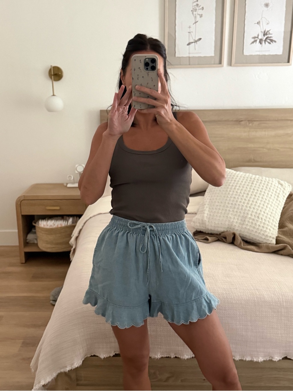 Light Blue Ruffle Hem Drawstring Denim Women's Shorts